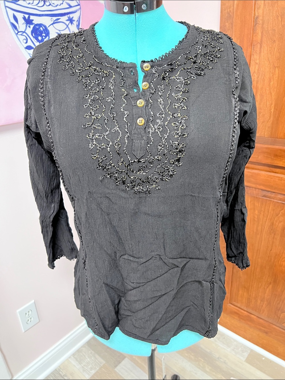 Women's Black Embroidered Henley Tunic Top